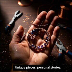 Handmade & Wire Wrapped! Bohemian Crystal Studded Copper Circle Pendant + Chain!